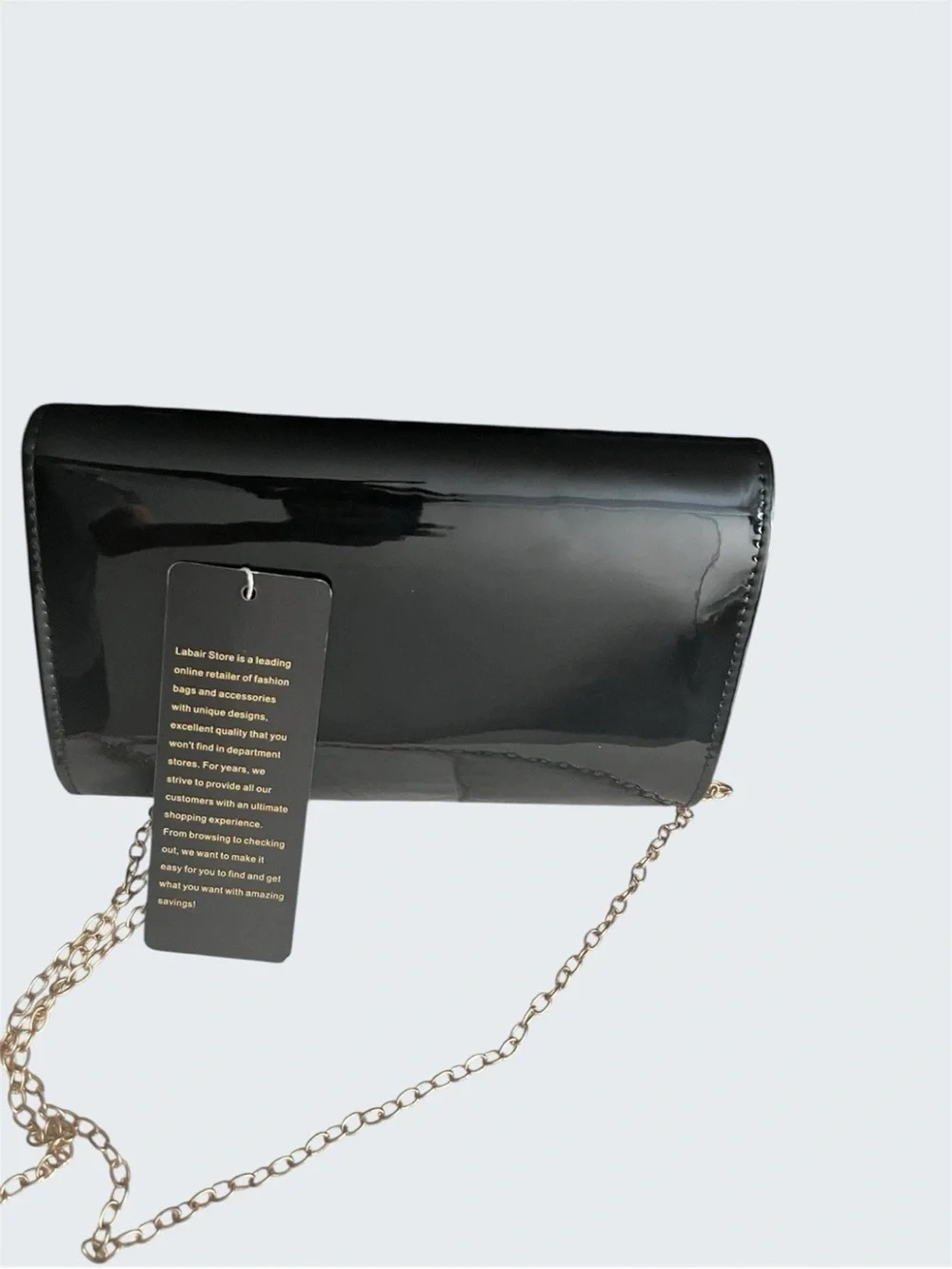 Black Patent Envelope Clutch with Gold Chain